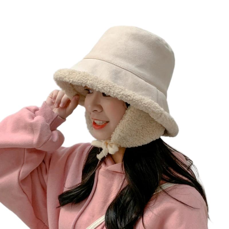 Fisherman Hat For Women Lamb Wool Bucket Hat Korean Style  Fleece-Lined Cycling Hat  Warm Windproof Ear-Protecting Hat 58