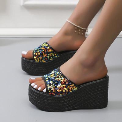 Dames zomer slippers met clipsluiting, hoge dikke hak, casual outdoor slippers met gladde zool en pailletten, maat 34-43