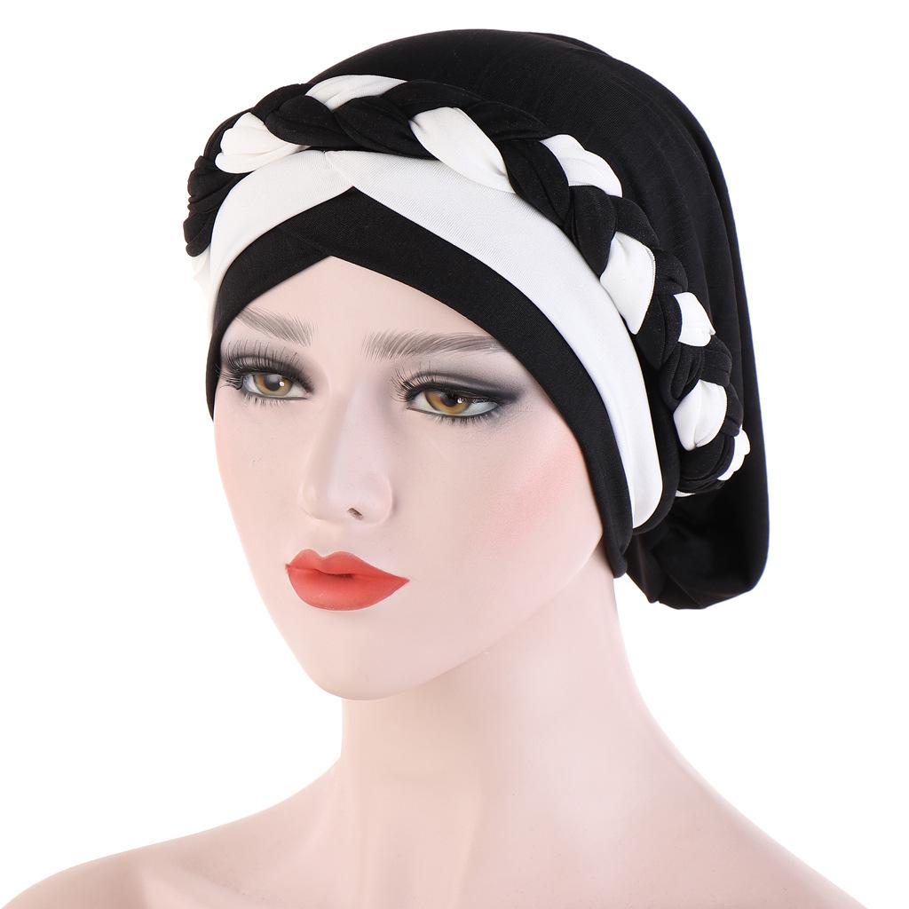 Two-Tone Patchwork Milk Silk Bandana Hat with Short Braid and Hidden Hair Wrap for Muslims