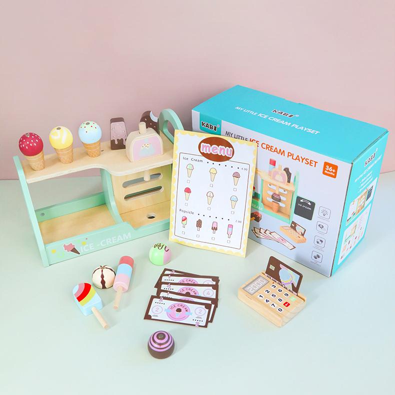 Toys Playset Toys Accessories Wooden Pretend Simulation Ice Cream Counter Pretend Play Kitchen Montessori Learning Toy for Kids