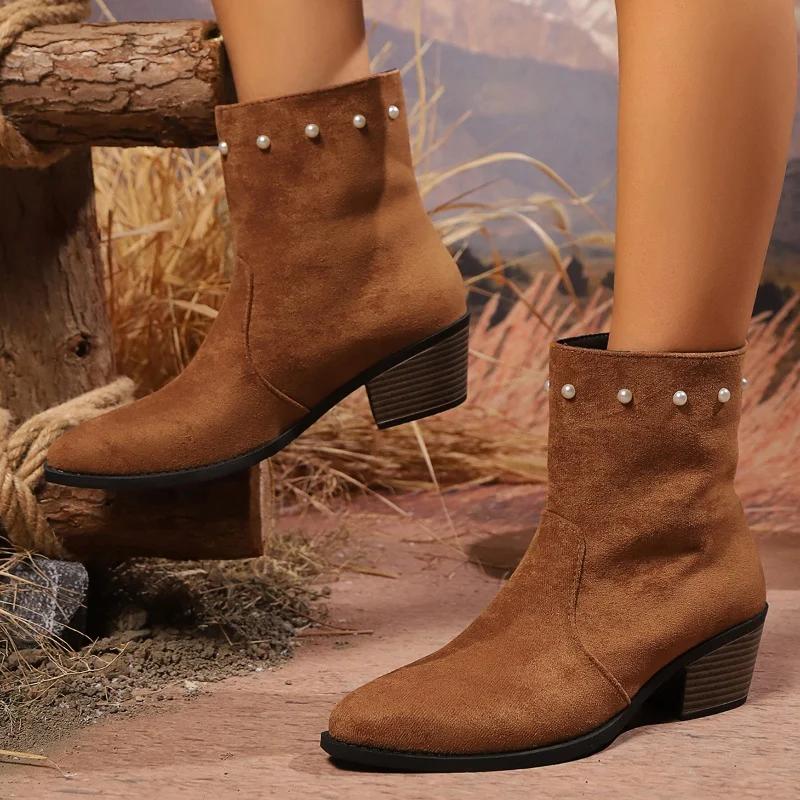 Suede High Heels Chelsea Ankle Boots Woman Beaded Trend Pointed Toe Shoes Woman New Winter Gladiaotr Chunky Fashion Botas Pumps