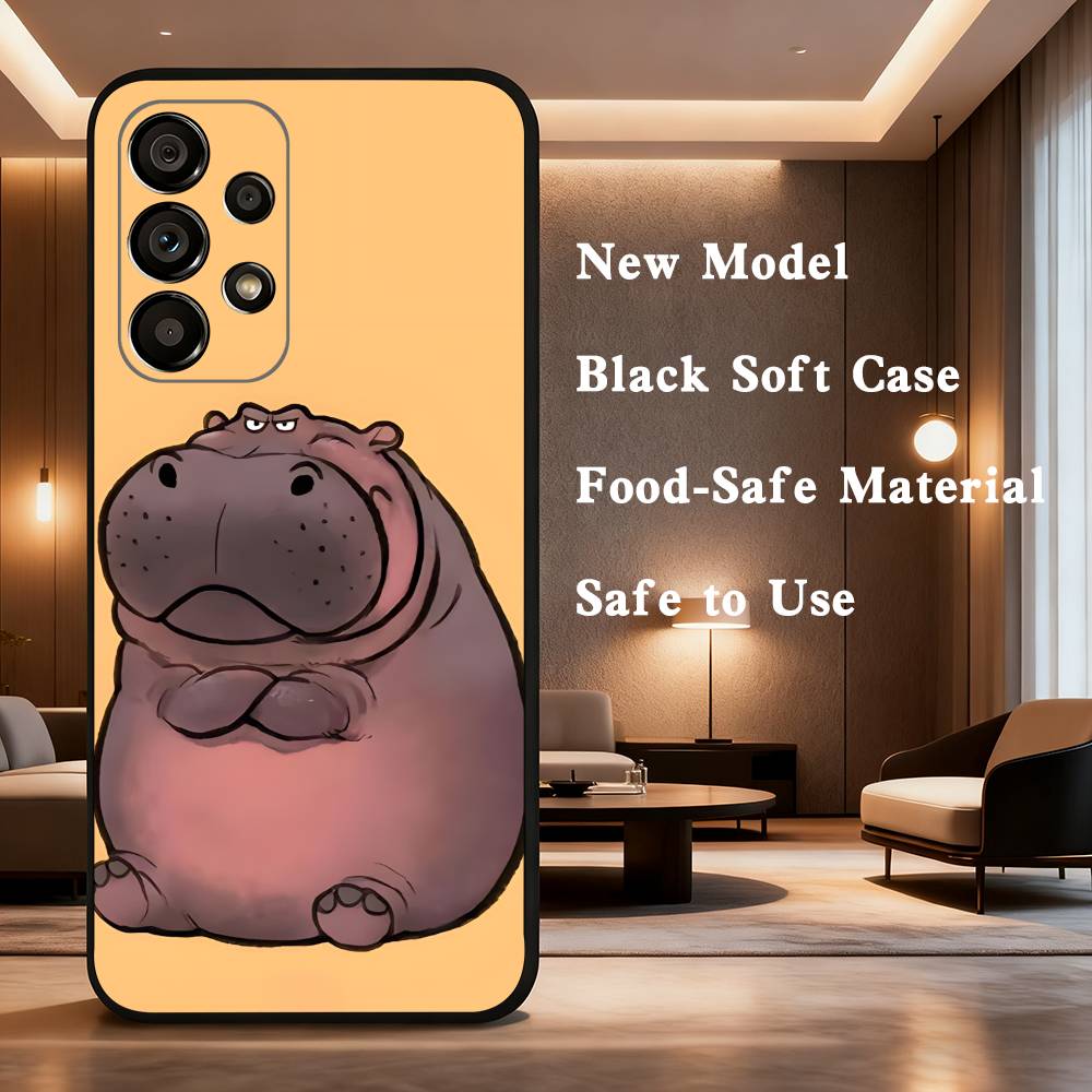 Cute Hippo Hippopotamus For Samsung Galaxy A73,31,71,53,32,72,Note,22,41,8,9,52,J7,Soft Black Silicone Cover Case