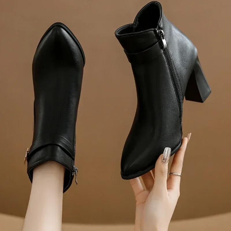 Fashion Winter New Fashion Casual Fashion Shoes Pointed Toe Thick Heels Solid Color Side Zipper Elegant and Comfortable Women's Boots