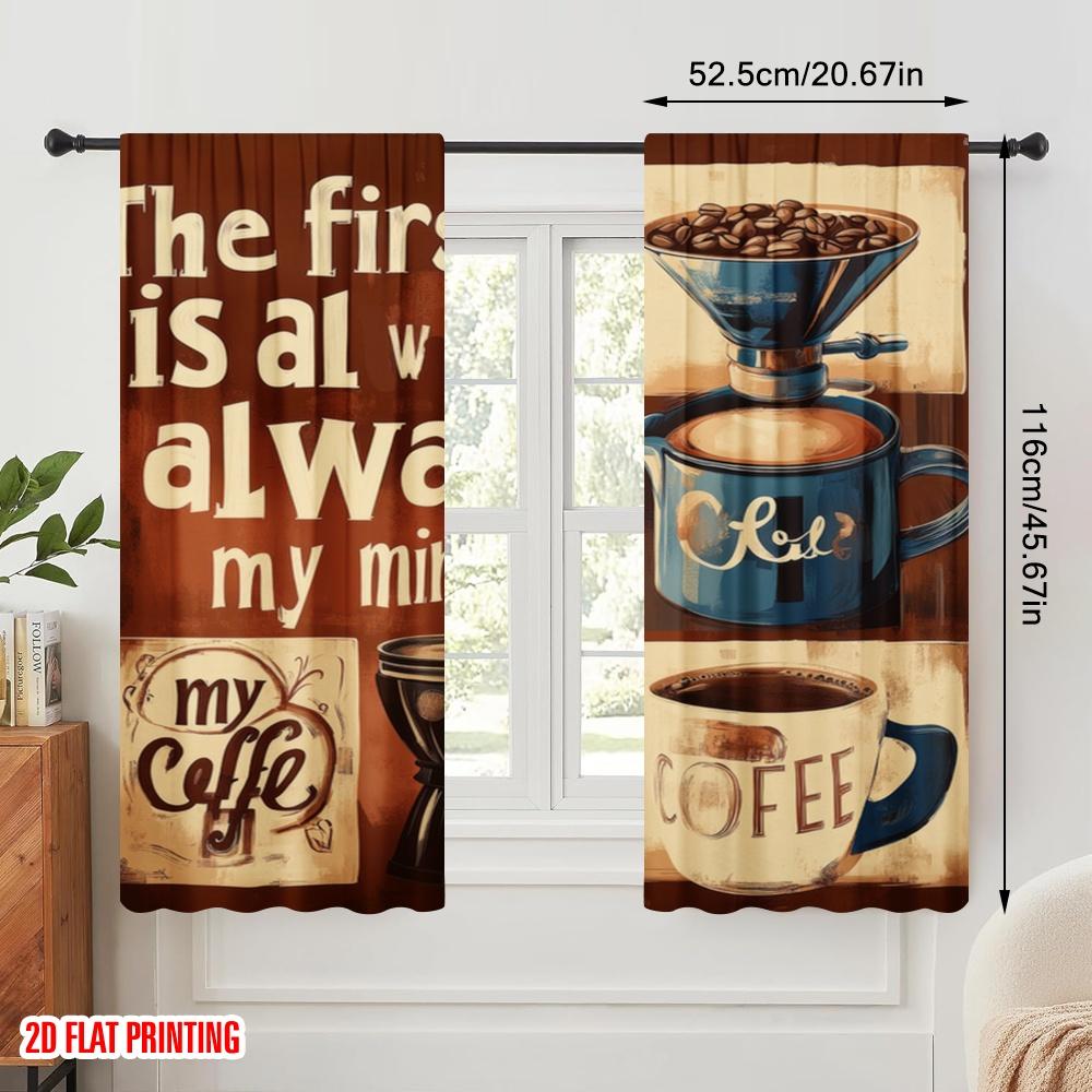 2pcs,2D Plane Printing Minimalist Curtains Coffee Thoughts Polyester Easy Install (without Rod) Festive Use for Bedroom, Living
