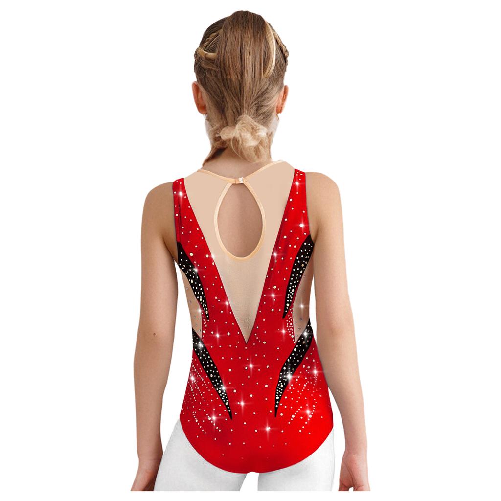 Girls Metallic Gymnastics Leotard Sleeveless Keyhole Back Sheer Mesh Patchwork Sparkling Rhinestone Bodysuit