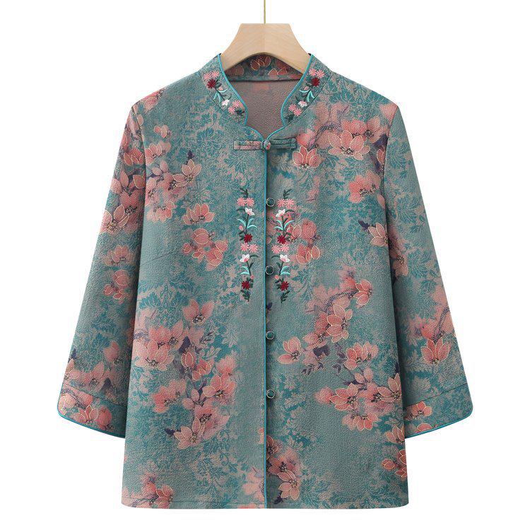 Stylish Casual Women's Chinese-Style Embroidered Floral Long Sleeve Shirt Jacket - Spring/Autumn Thin, Large Size, Stand Collar.