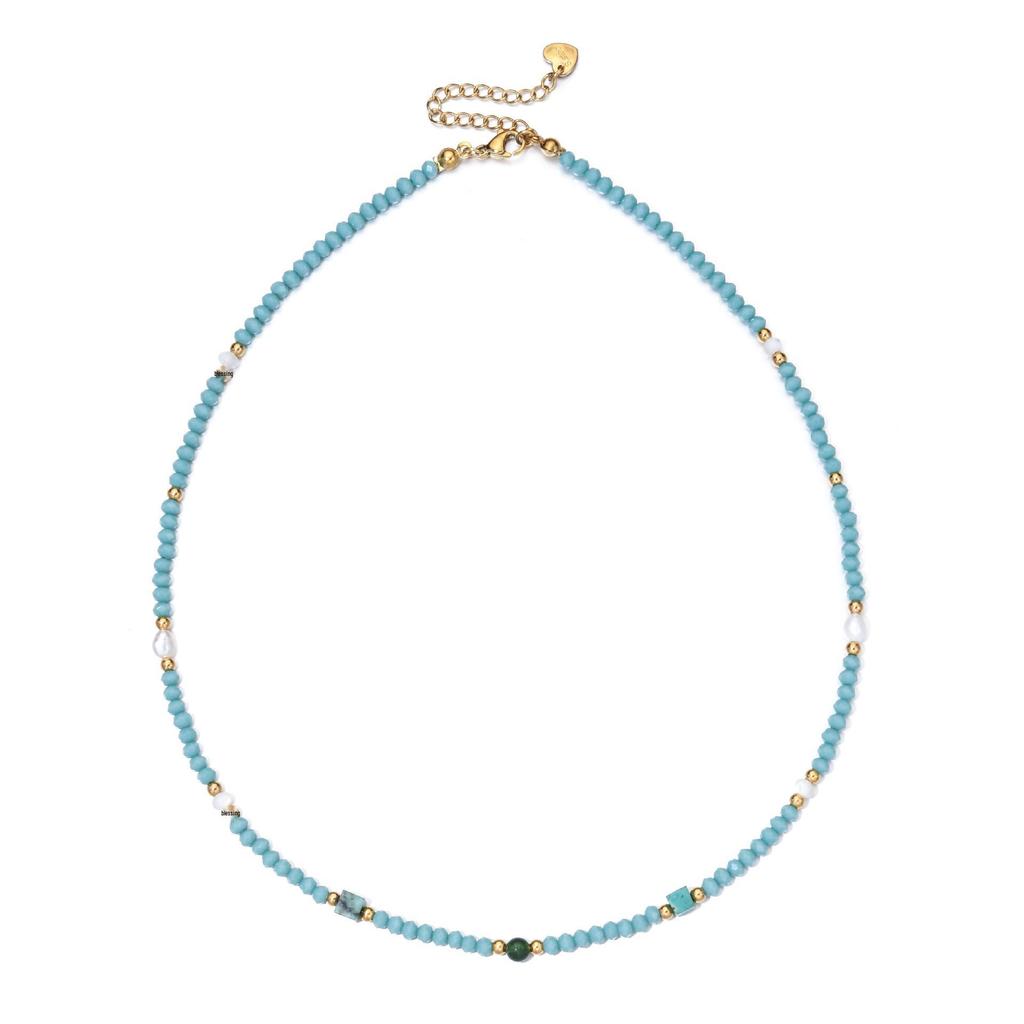 Elegante Süßwasserperlen- und Farbedelstein-Halskette mit Schlüsselbein-Kette aus Edelstahl
