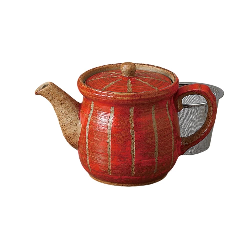 Ale-net Teapot, 450cc, Carved Tokusa (Red) Design, Large (with Tea Strainer), Mino Ware Porcelain, Made in Japan, Stylish