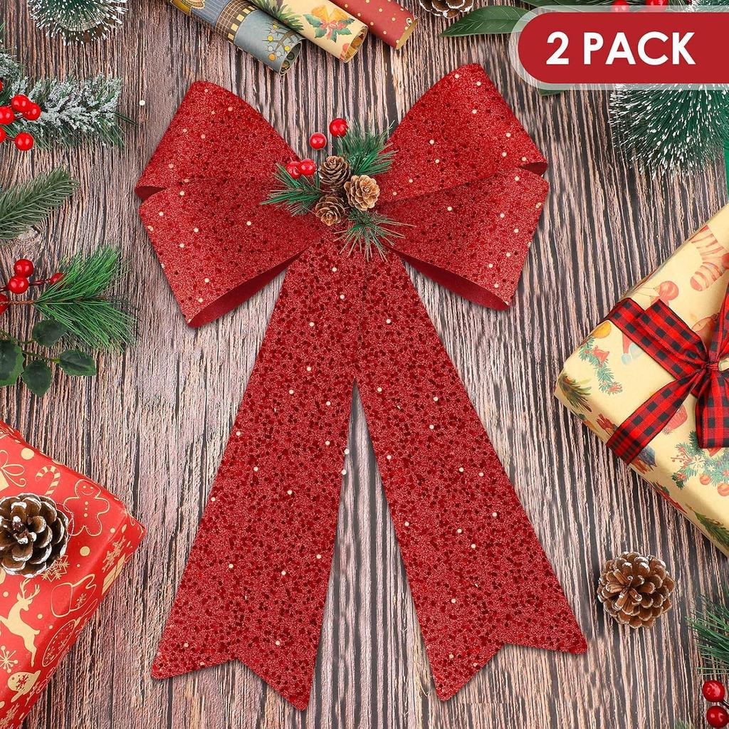MCEAST 2 Pack Red Christmas Bows 12 X 18 Inches Xmas Wreaths Garland Bows with Pinecones for Christmas Tree Ornaments Sets Indoor Outdor Decoration