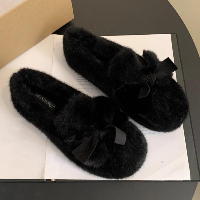 Mode 2024 Damen Neue Plüsch Warme Schneestiefel Herbst und Winter Modisches Schleifendesign Baumwolle Flache Slipper Loafers