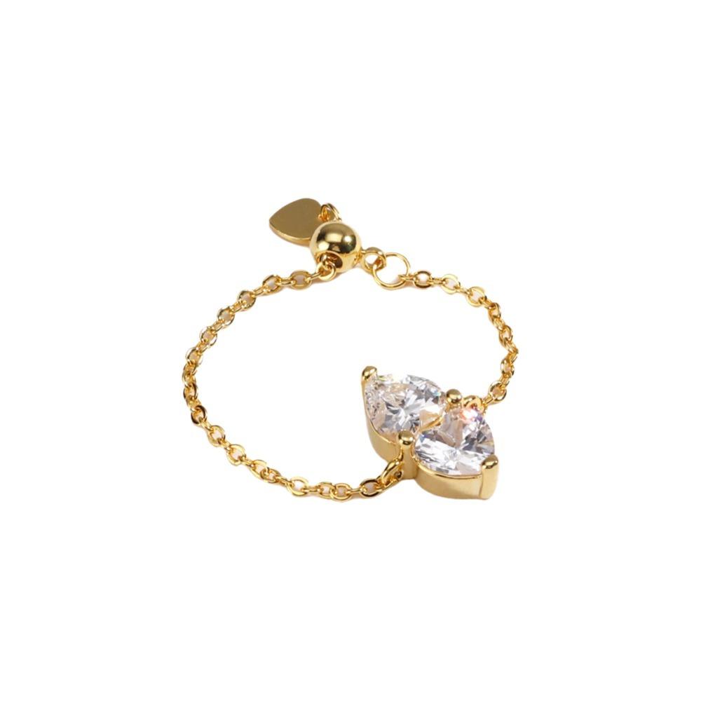 Double Heart Adjustable Chain Ring Minimalist Elegant Women Link Chain Ring Exquisite Simple Finger Jewelry Girls Gift