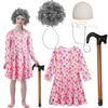 Girls Old Lady Costume Kit Dress Wig Cane with Glasses Necklace Kid Halloween Cosplay Costume 5 PCS