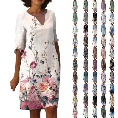 Women's Summer Retro Floral Print V-Neck Half Sleeve Dress Lightweight Breathable Dress
