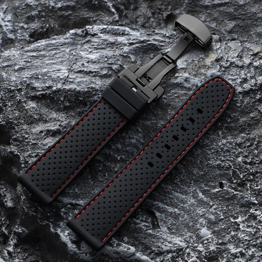20mm 22mm Premium Silicone Watch Band Butterfly Buckle Waterproof Soft Rubber Strap Breathable Strap Replacement Universal Watch