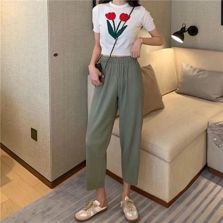 Plus Size Women's Summer Korean Pleated Wide-Leg Pants - Loose Casual Straight Nine-Point Trousers