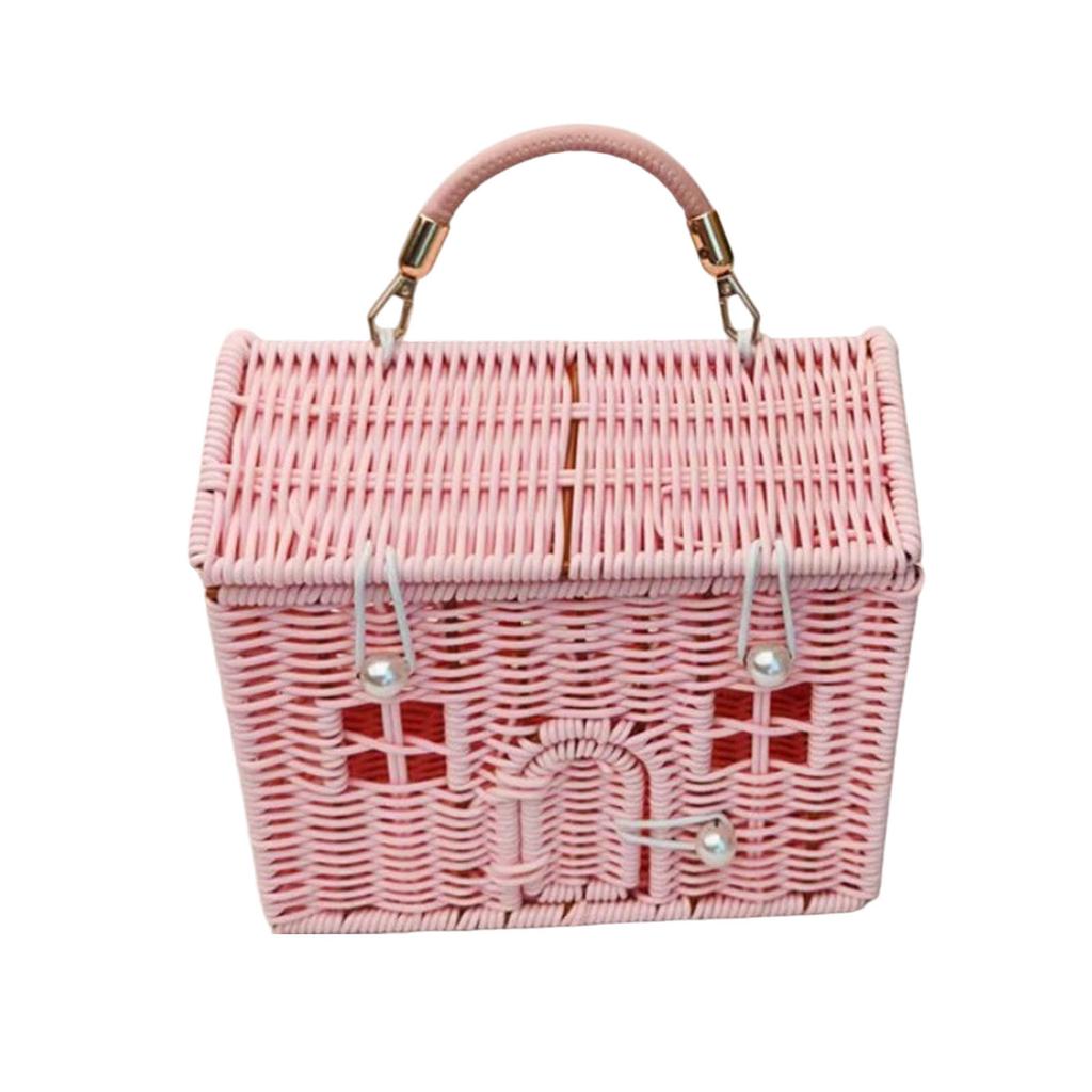 This Plastic Rattan House-shaped Basket, With A Lid And Folding Handle, Is Perfect For Picnics, Easter, Tidying Up, And Other Occasions.