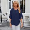 2024 Women's Loose Chiffon Short Sleeve Blouse - Solid Color, Round Neck, Five-Point Sleeves