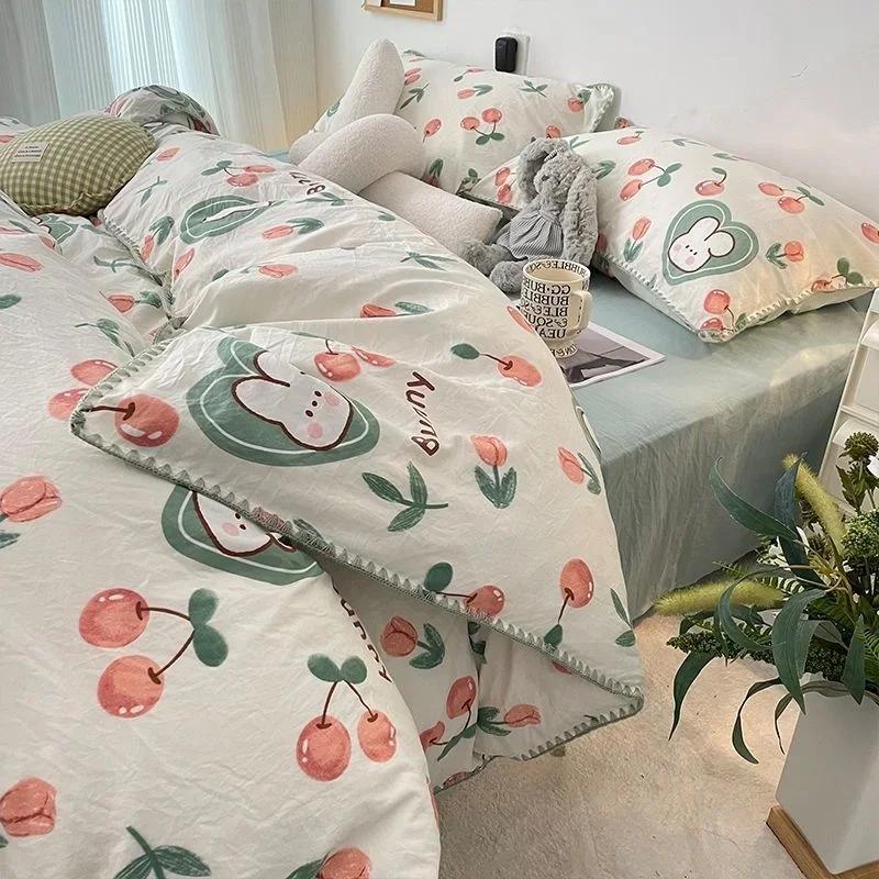 Bedding Set  Girls Cherry  Soft Washed Cotton Bed Sheet Queen King Size Duvet Set  Comforter Set Pillowcase Bed Linens