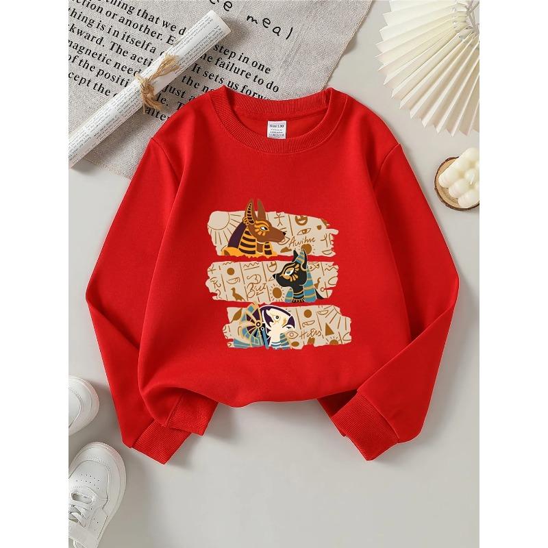 European sizes Girls' Egyptian Gods & Hieroglyphs Hoodie - Soft Round-Neck for Playdates & Parties, Casual Ancient-Themed Wear