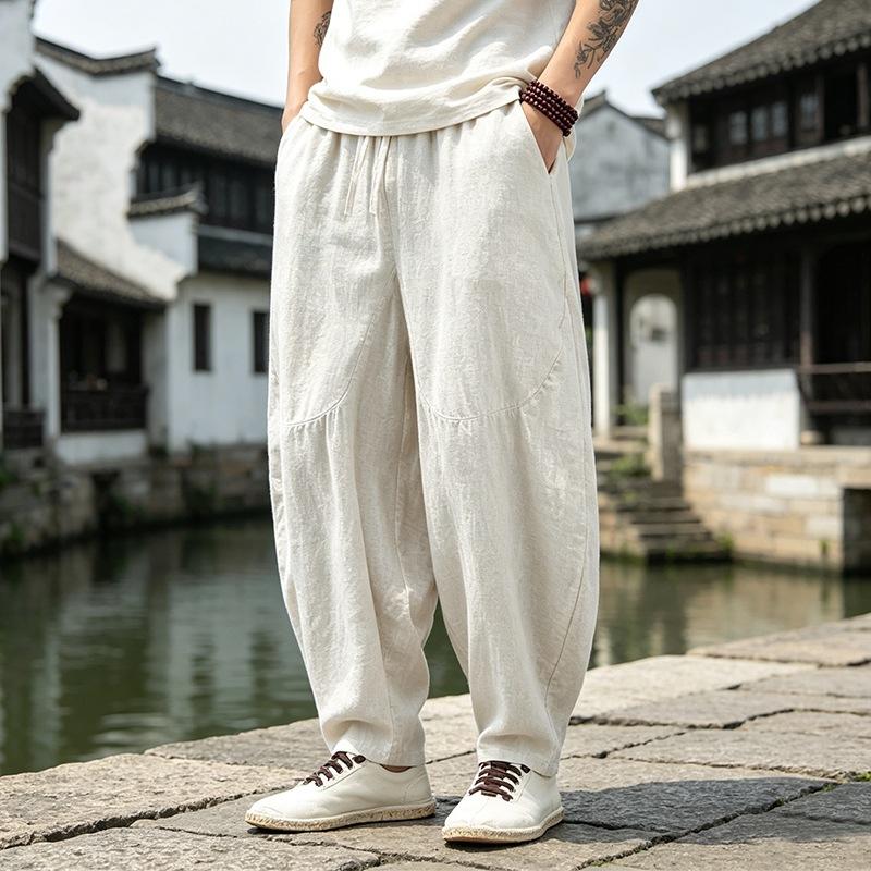 Men New Chinese Style Loose Straight Leg Casual Long Cotton Linen Pants M