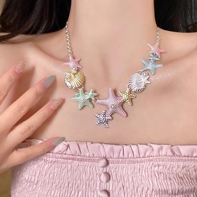Colorful Starfish Shell Necklace for Women, Versatile Clavicle Necklace Accessories for Summer Beach Travel Photos