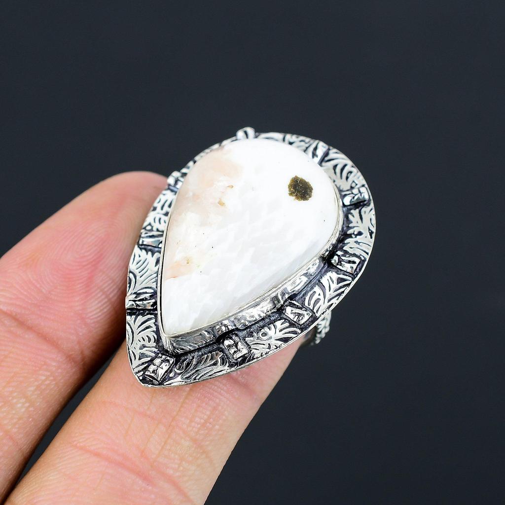 Natural Scolecite Gemstone 925 Sterling Silver Statement Ring Size 8 For Women