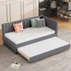 90x200cm Velvet Fabric Upholstered Bed with Pull-out Bed Headboard Line Texture Strong Wood Slat Support Bed Home Furniture, Grey