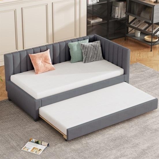 90x200cm Velvet Fabric Upholstered Bed with Pull-out Bed Headboard Line Texture Strong Wood Slat Support Bed Home Furniture, Grey