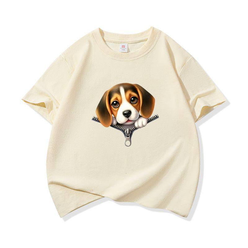 Kids Cotton T Shirt Cute Beagle Puppy Dog Zipper Print Crew Neck Short Sleeve Tee Casual Breathable Boys Girls Summer Tops