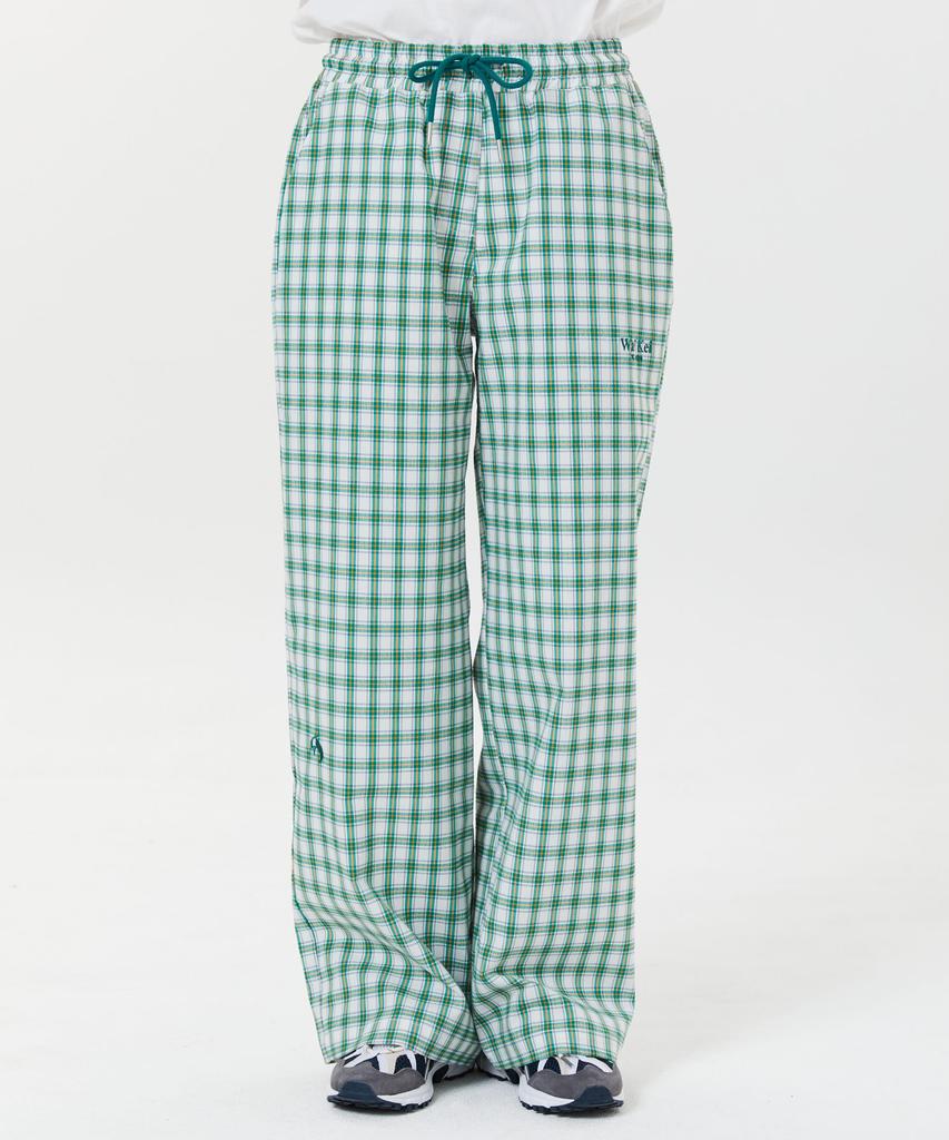 WAIKEI Wide Check Elastic Waist Pants Green