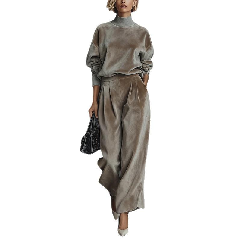 Women's Light Brown Velvet High Neck Top and Wide Leg Pants Set