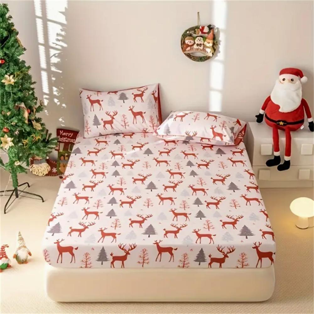 Christmas Theme Santa Hat Design 3-Piece Bedding Set-100% Polyester Microfiber Machine Washable Mattress Cover Durable Sheet