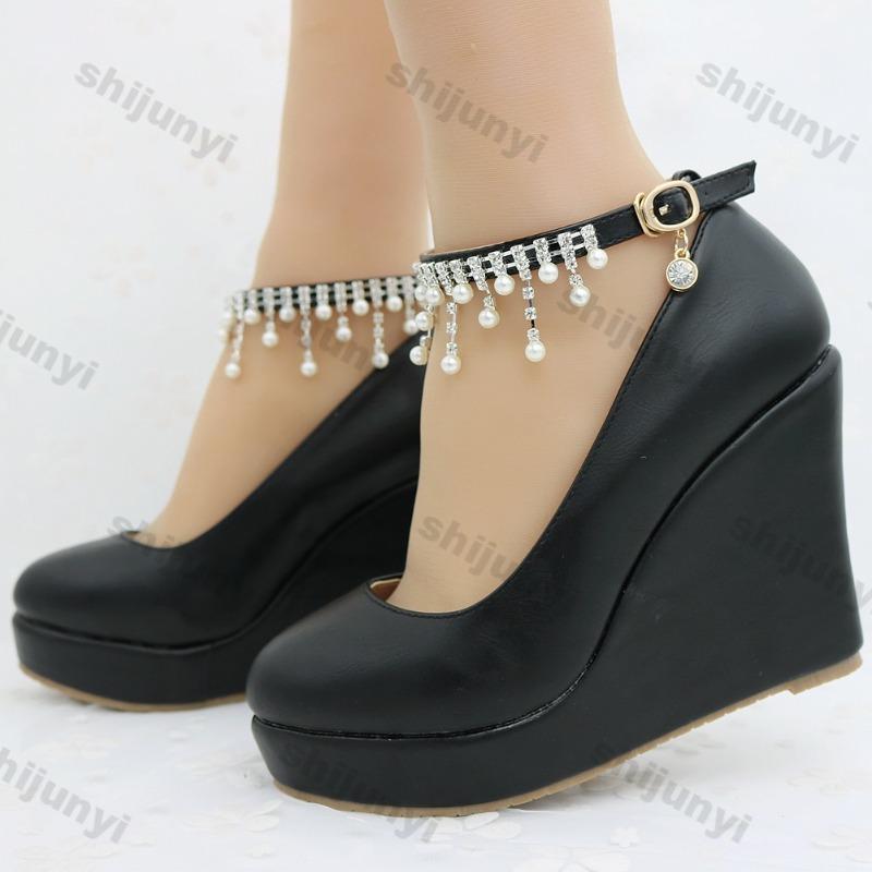 Fashion 11cm White Round Head Wedges Platform Shoes Women Tassel Flowing High Heel Shoes Plus Size 42 for Wedding Party Chaussure Femme