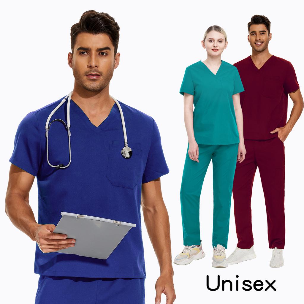 Men Wear Stylish Scrubs Sets Medical Hospital Uniform Doctors Nursing Tops Pant Suits Solid Color Surgical Uniforms Women