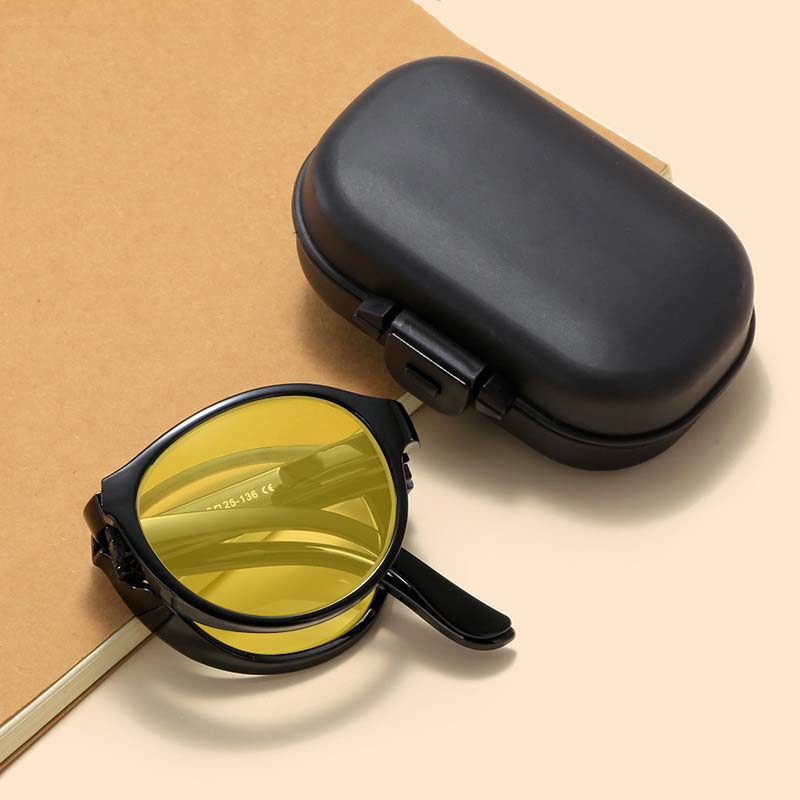 Foldable Night Vision Glasses with Box for Men Women Round Ultralight Blue Light Blocking Eye Protection Eyewear for Driving