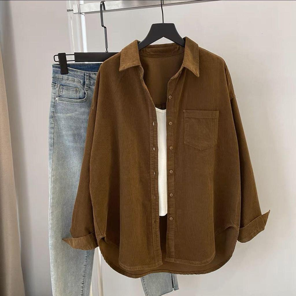 Women's Mid-Length Green Corduroy Shirt Jacket with Pockets - Spring 2025 Edition