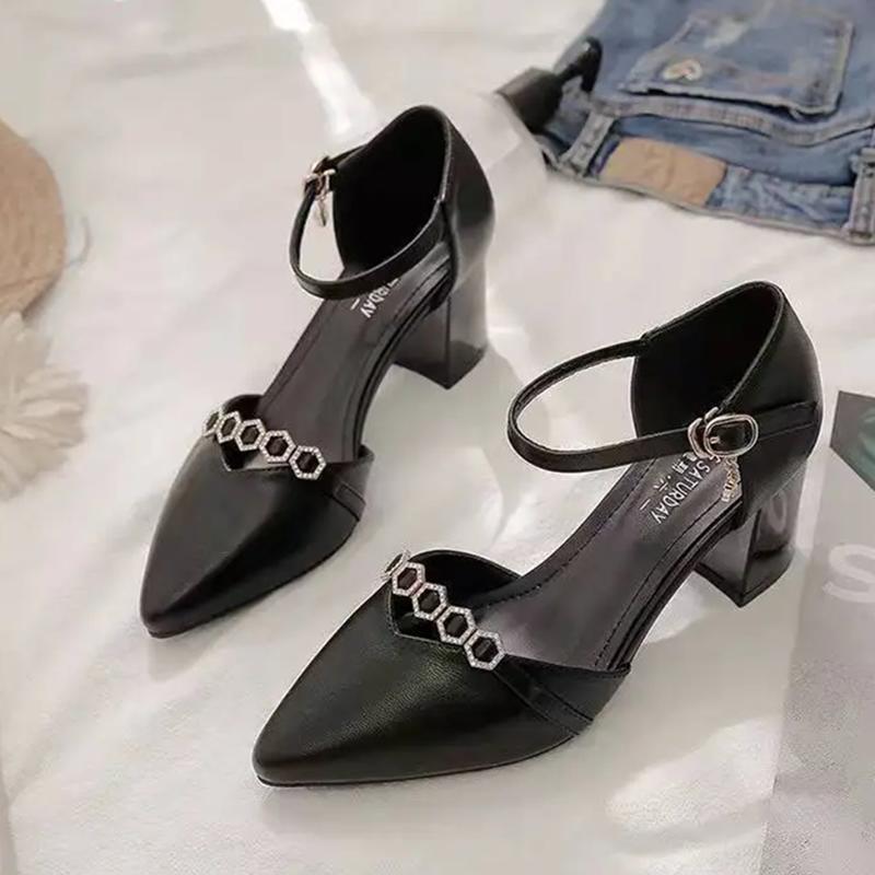 Zapatos De Mujer Women Fashion Black Pu Leather Buckle Strap Square Heel Shoes Lady Leisure Office Career Work Beige Pumps Ba176