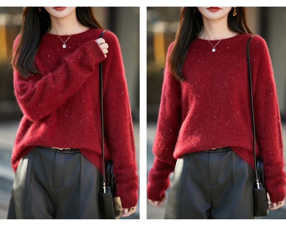 Red Sequined Double-Strand Brushed Wool Sweater - Autumn/Winter Korean Style, Soft Knitwear for Women