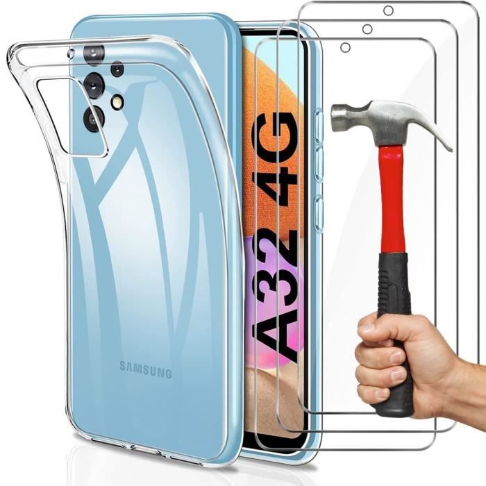 Pack Coque Transparente pour Samsung A32 4G (6,4") Verre Trempé Inclu Souple Protection Renforcée Anti Choc Silicone