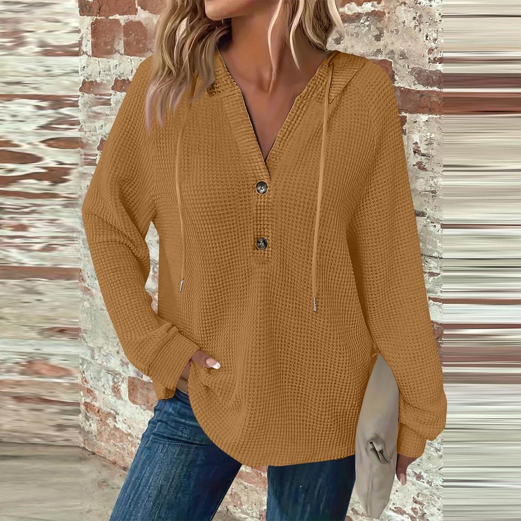 Damenmode, Langarm, Kordelzug, Kapuzenknopf, V-Ausschnitt, lässiges Kapuzen-Sweatshirt