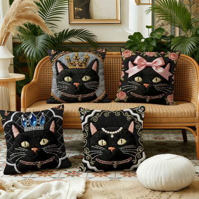 Black Cat Blue Crown Cushion Cover Pillow Case Plush Fabric Soft Double Sided Print Sofa Cushion Cover Throw Pillow Covers
