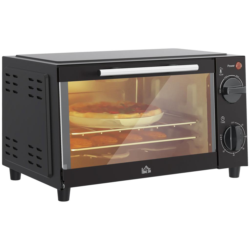 Mini Oven, 9 Liter Capacity, Adjustable Temperature and Cooking Time, with Grill Rack and Baking Tray, Black