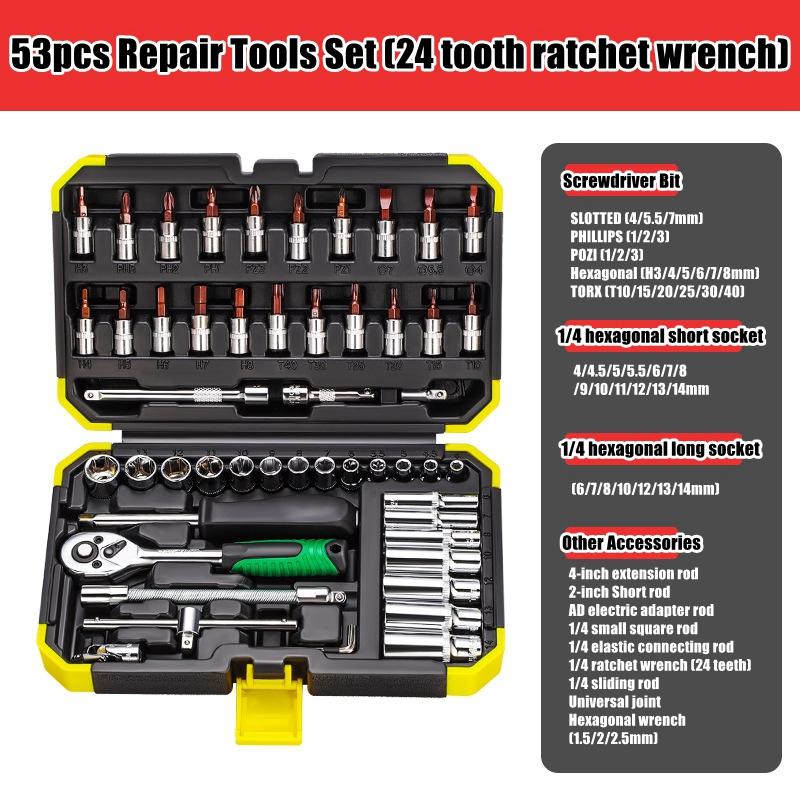 Pro 24/72 Teeth Ratchet Wrench Set with Sockets Screwdriver Bits Hand Tools Set Extension Rod Suitable for Car Repair Household
