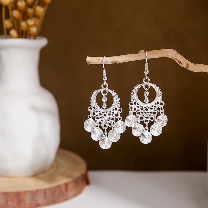 Ethnic Miao Silver Style Long Tassel Earrings with Ancient Scenic Stud Design for Women