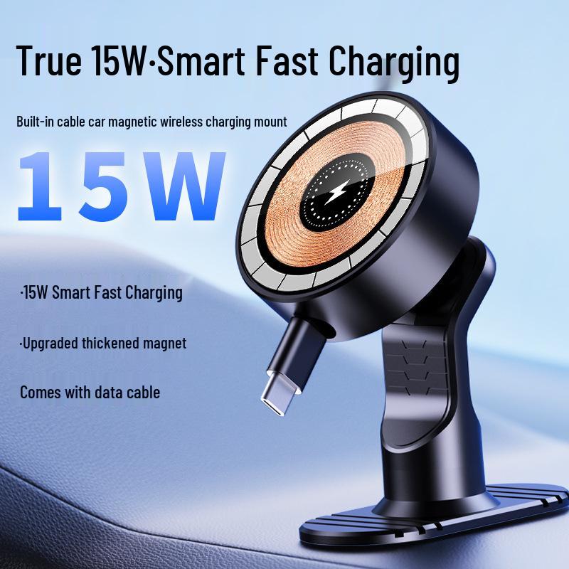 Magnetic Car Phone Holder with 15W Wireless Charger & Retractable Line, Rotating Stable Design