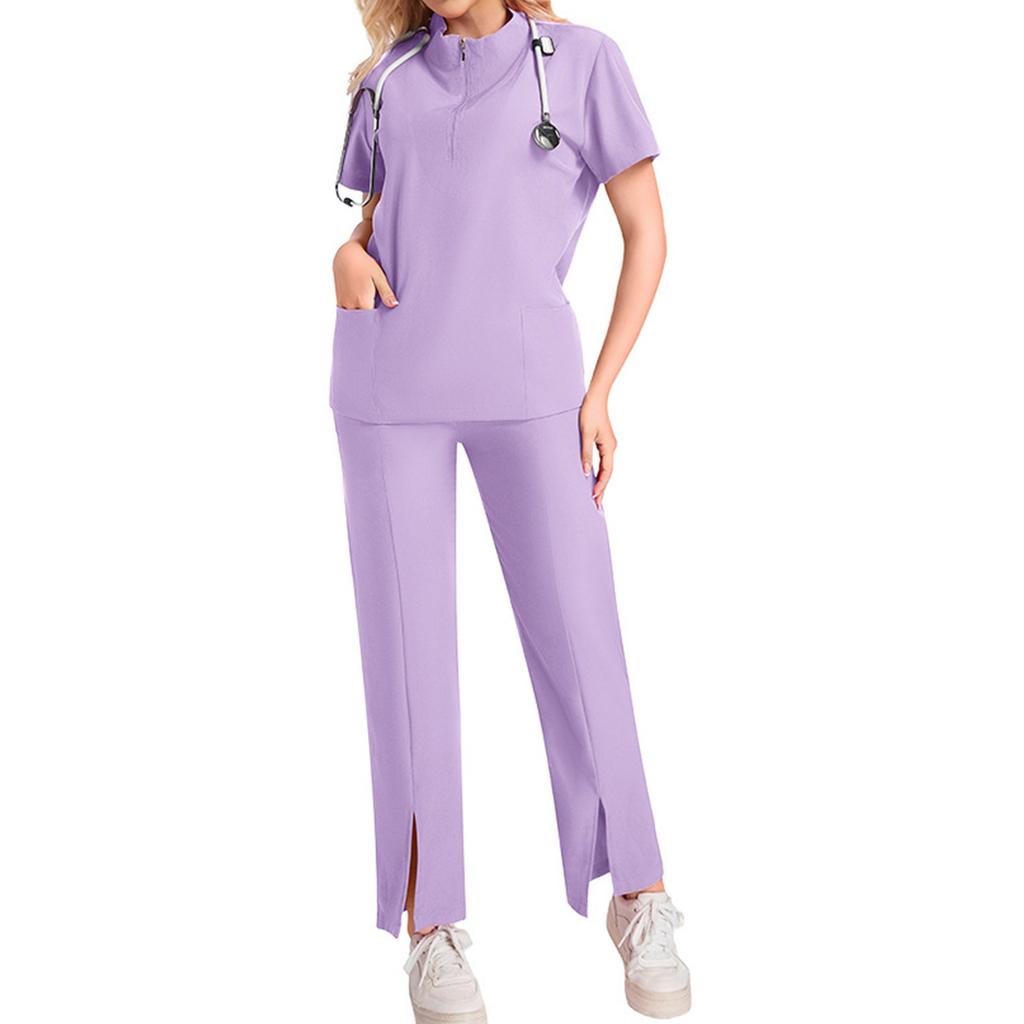 Women's Short Sleeved Solid Color High Collar Pocket Top Pants Work Clothes Two Piece Set