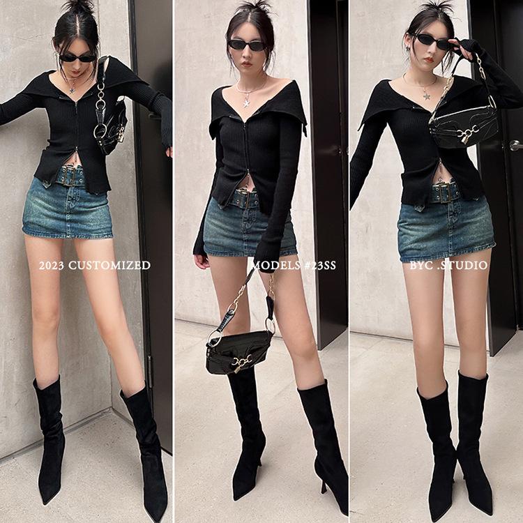 Song Xixi Apricot High Heel Slouch Cowboy Ankle Boots - Versatile Mid-Calf Stiletto for Women