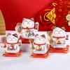 5.5 Inch Ceramic Maneki Neko Statue Solar Powered Beckoning Cat Waving Hand Lucky Cat Ornament Car Desktop Decoration Kitten