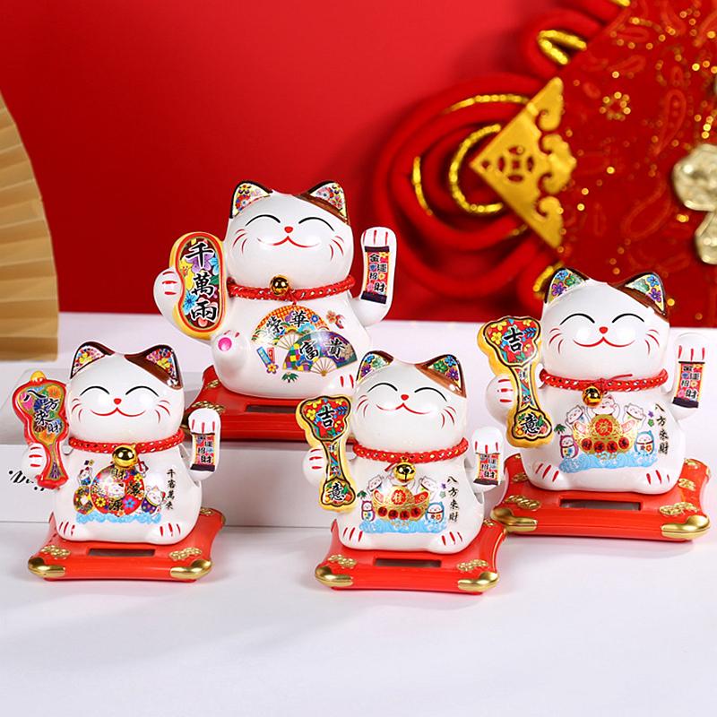 5.5 Inch Ceramic Maneki Neko Statue Solar Powered Beckoning Cat Waving Hand Lucky Cat Ornament Car Desktop Decoration Kitten