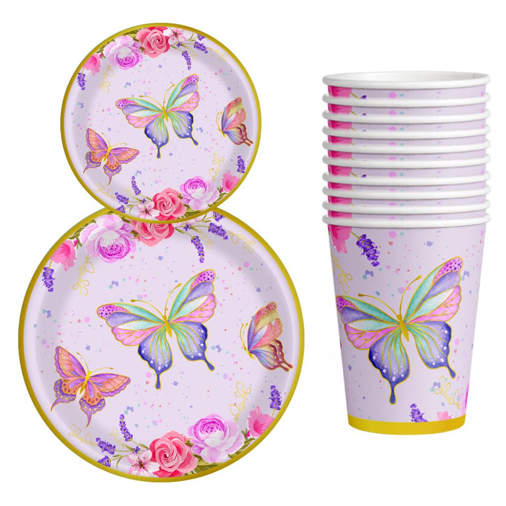 Spring Butterfly Party Decoration Arrangement Paper Cup Paper Plate Knife Fork Spoon Set